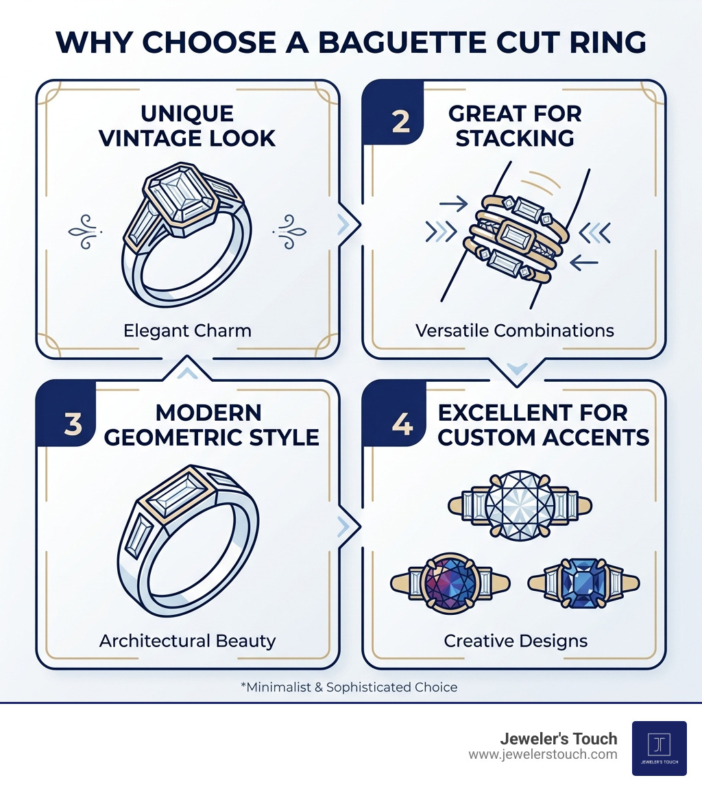 Infographic summarizing why to choose a baguette: 1. Unique Vintage Look, 2. Great for Stacking, 3. Modern Geometric Style