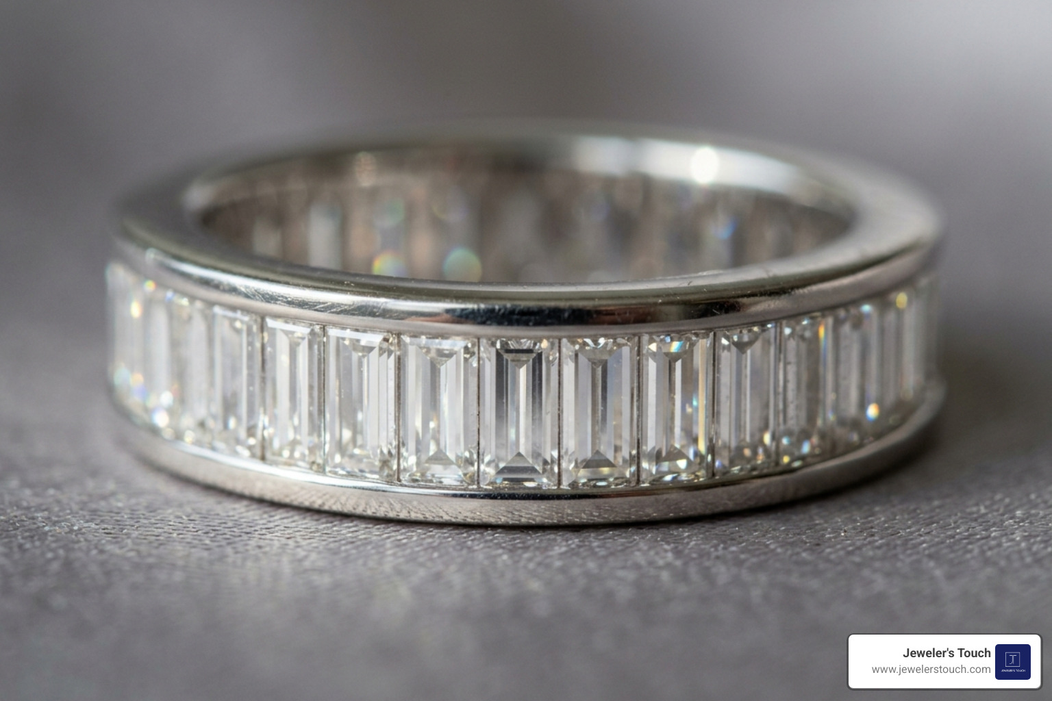 A channel-set baguette diamond eternity band in 14k white gold