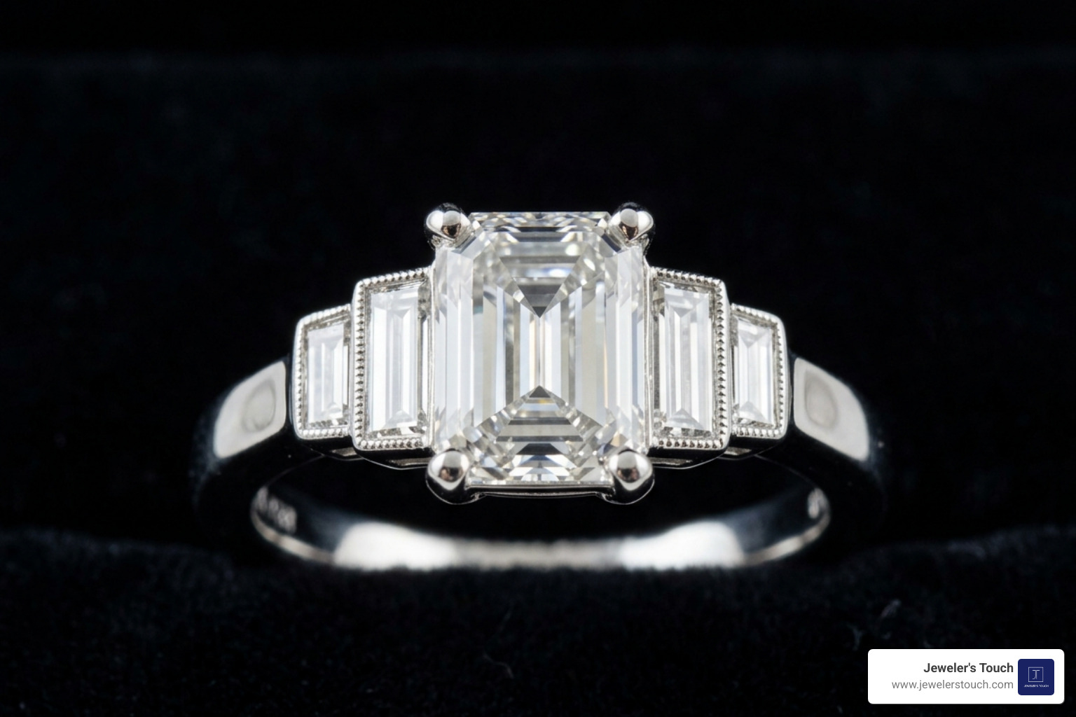 Art Deco inspired engagement ring with a central emerald cut and baguette side stones set in platinum