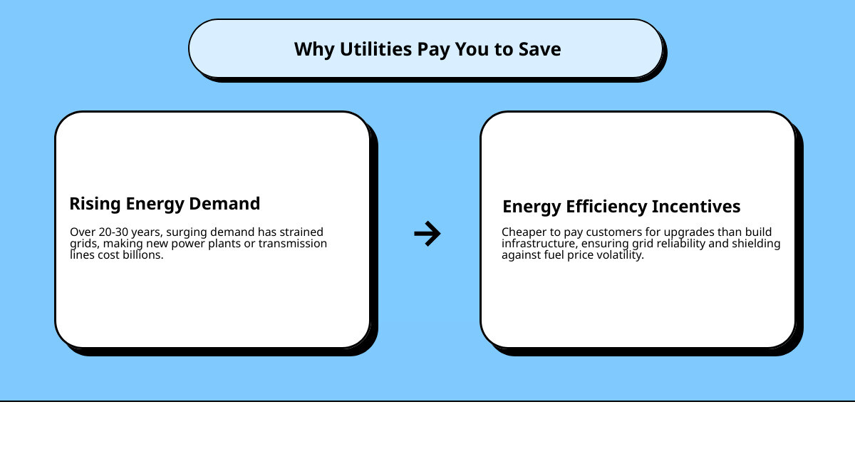 Infographic showing how utility rebate funds flow from utility companies to homeowners through efficiency upgrades