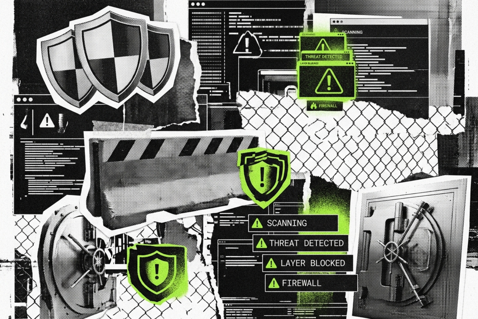 Defense-in-depth architecture showing layered malware protection from network perimeter through endpoint to data core