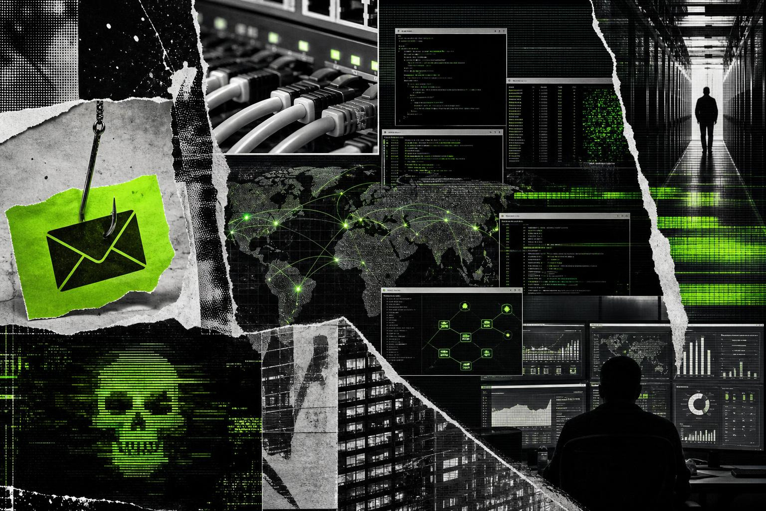 malware infection lifecycle collage with halftone and scanner artifacts malware infection lifecycle collage with halftone and scanner artifacts