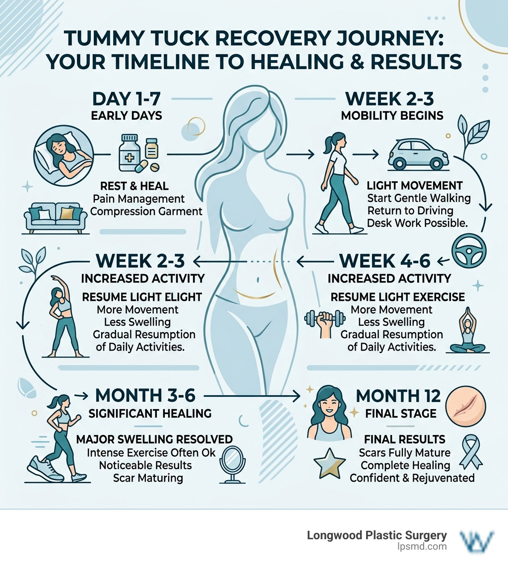 Tummy tuck recovery journey timeline from day 1 to month 12 with key milestones infographic Tummy tuck recovery journey timeline from day 1 to month 12 with key milestones infographic