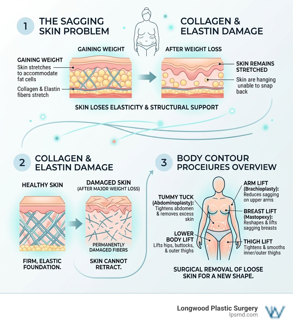 Infographic showing why skin sags after major weight loss, collagen damage, and body contouring procedure overview Infographic showing why skin sags after major weight loss, collagen damage, and body contouring procedure overview
