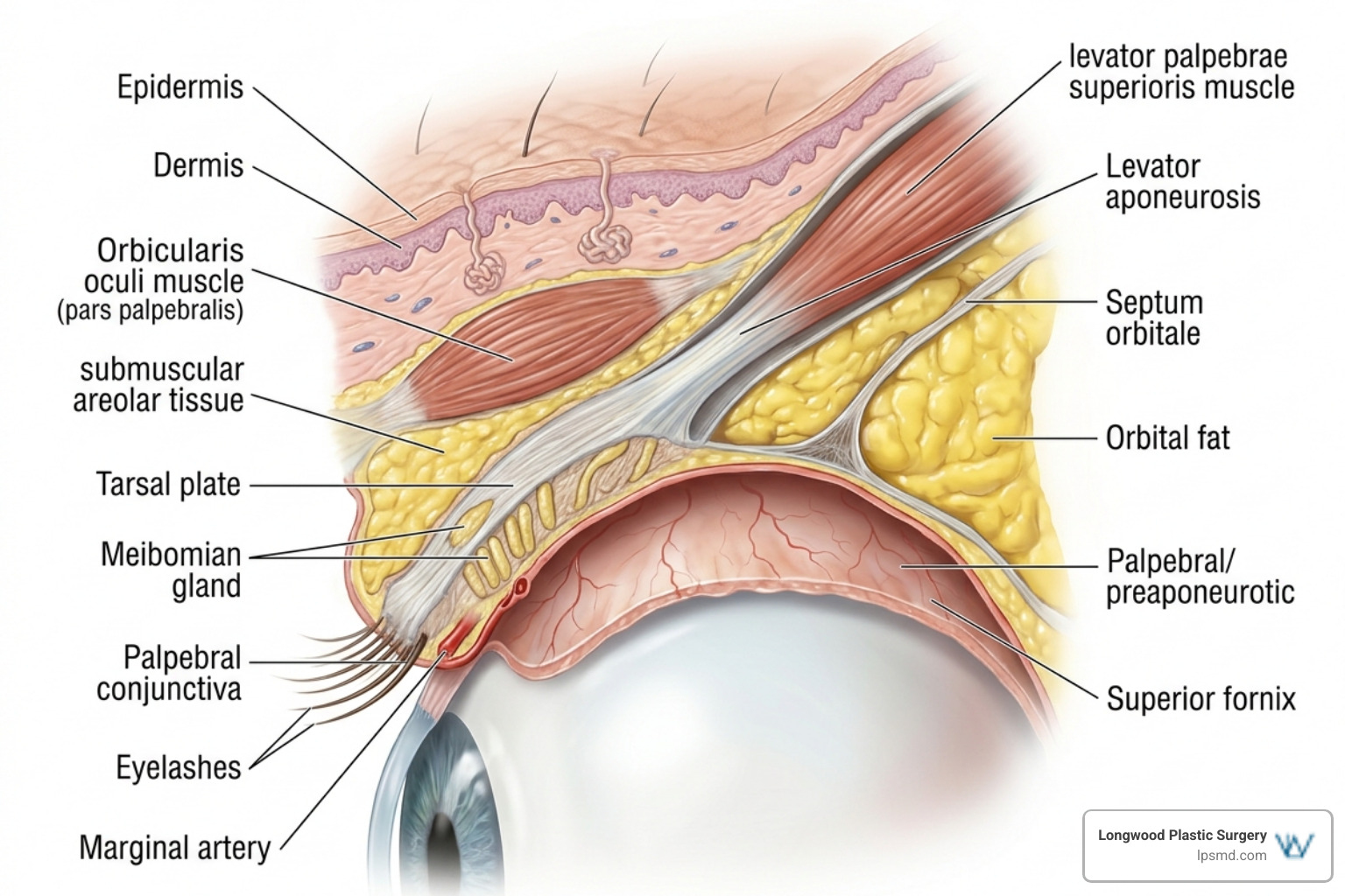 Anatomy of the eyelid showing skin layers, fat pads, and muscle structures Anatomy of the eyelid showing skin layers, fat pads, and muscle structures