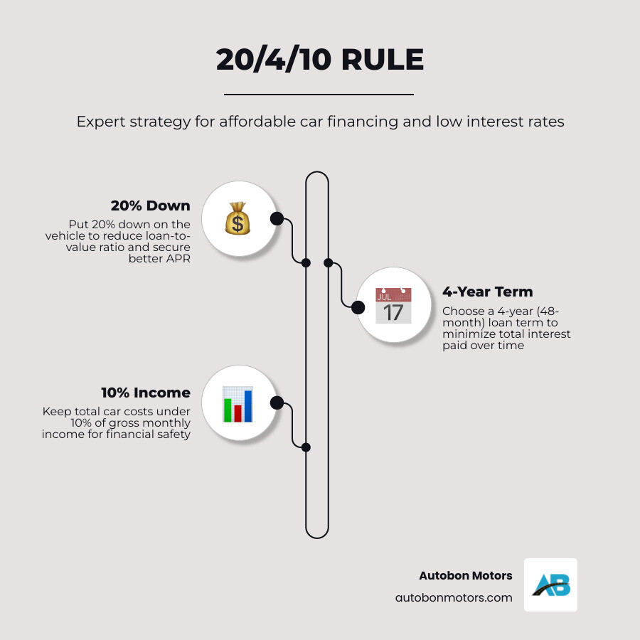 Infographic explaining the 20/4/10 rule for car buying infographic