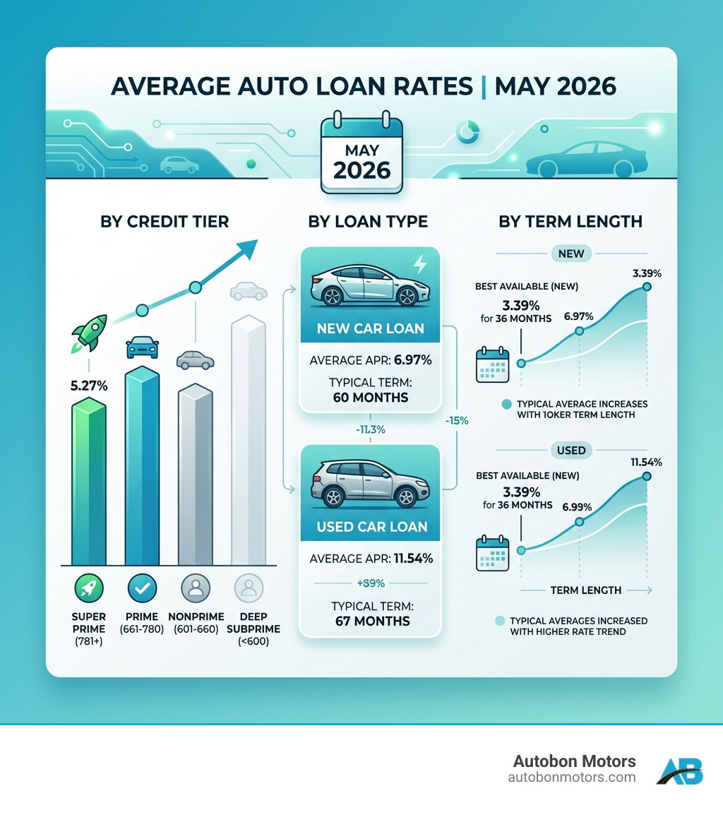 Infographic showing average auto loan rates by credit tier, loan type, and term length in May 2026 infographic