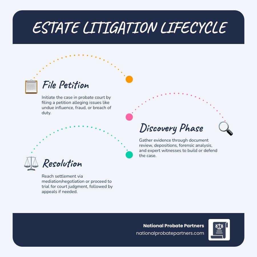 Estate litigation lifecycle from filing to resolution, showing key stages infographic
