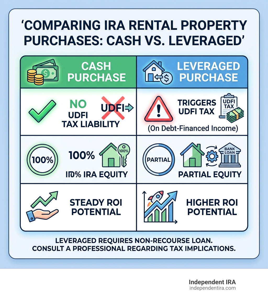 Table comparing cash vs. leveraged IRA purchases: Cash has no UDFI tax and 100% equity; Leveraged has higher ROI potential Table comparing cash vs. leveraged IRA purchases: Cash has no UDFI tax and 100% equity; Leveraged has higher ROI potential