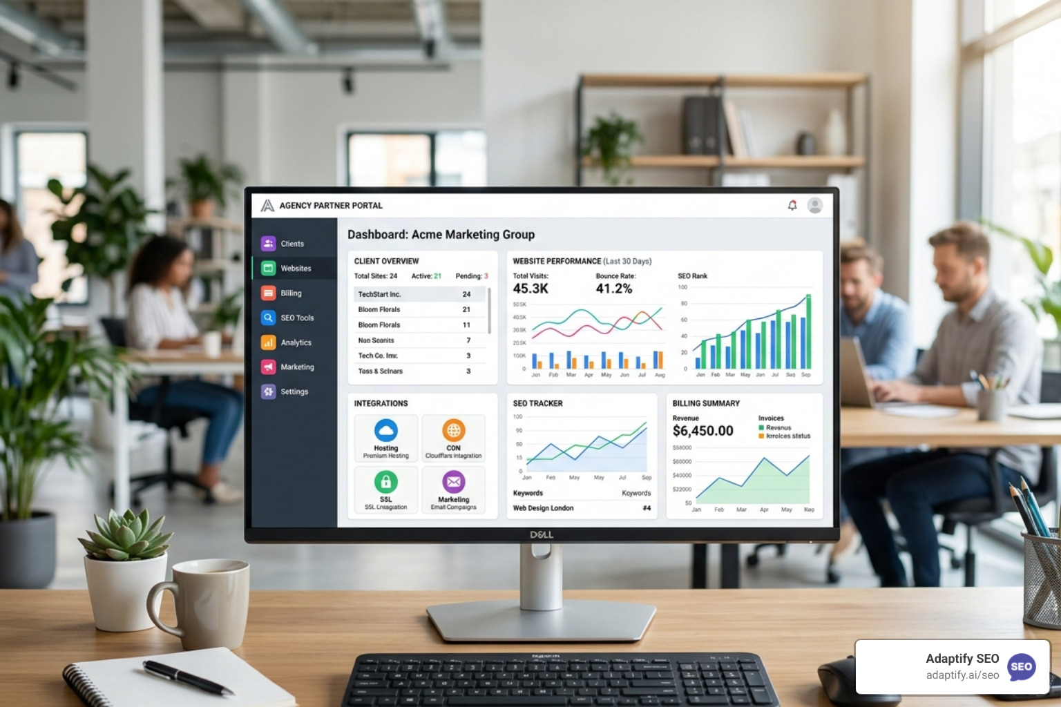 White label website builder dashboard with various integrations