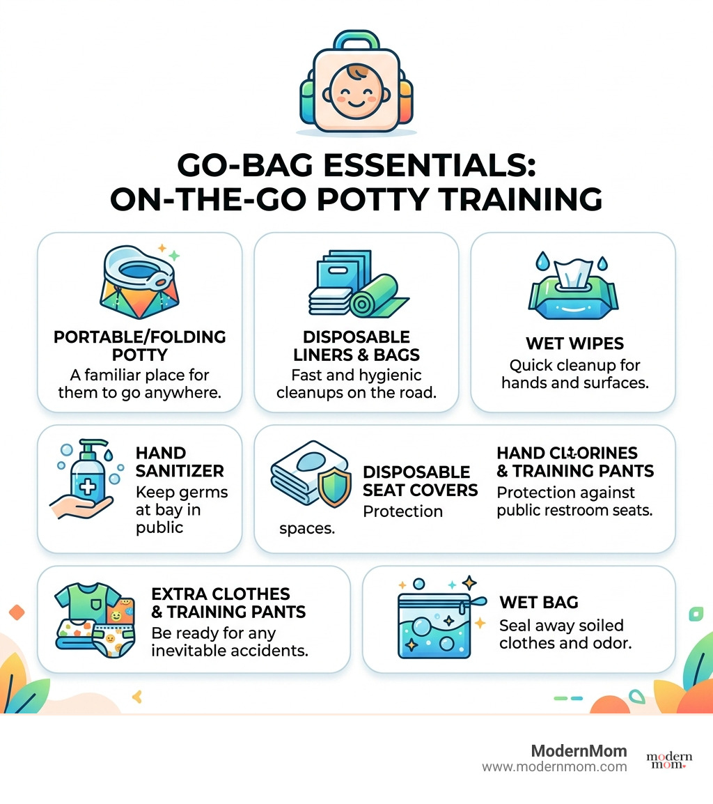 Infographic showing go-bag essentials for on-the-go potty training with icons for each item infographic