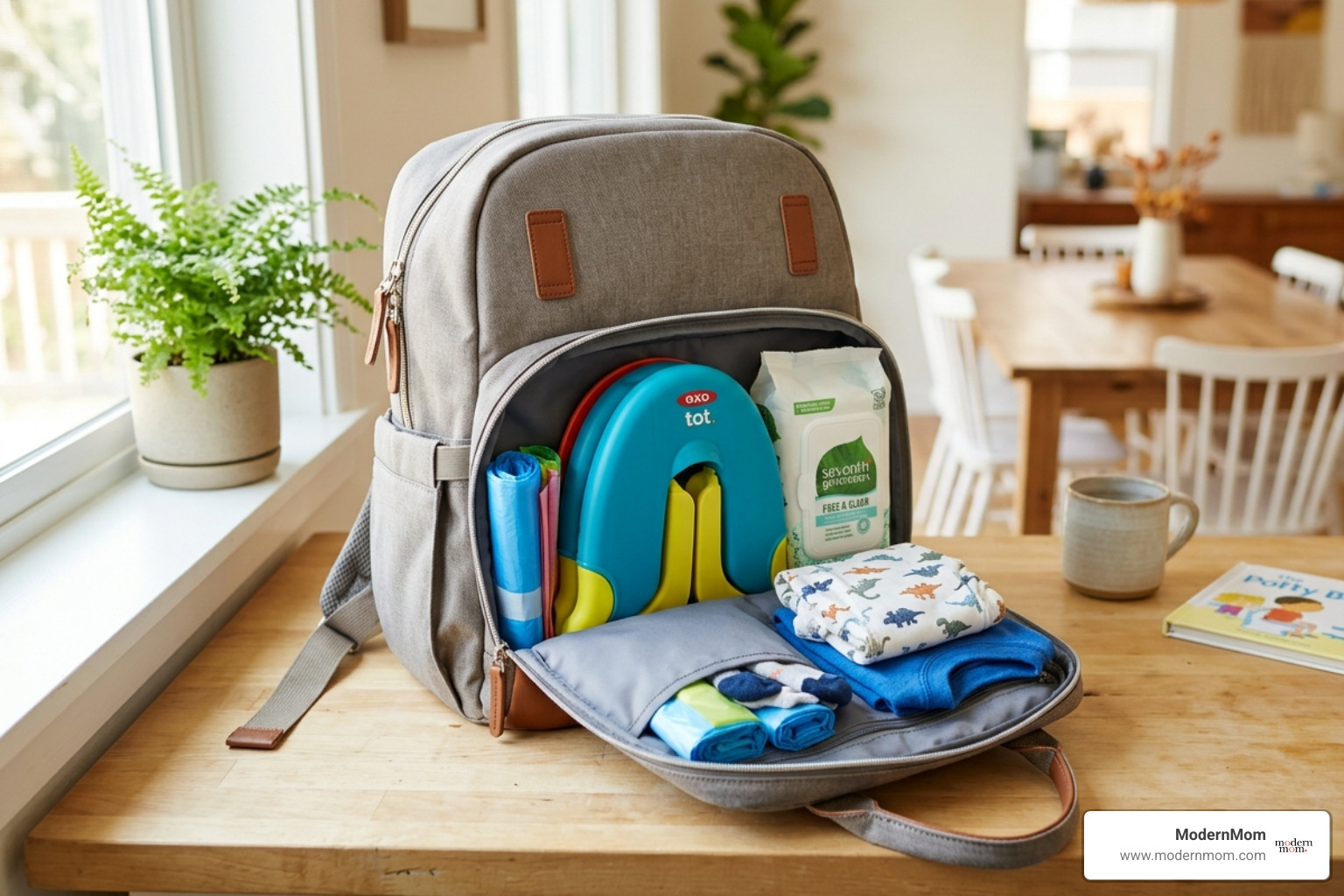 compact potty training travel kit tucked into a diaper bag