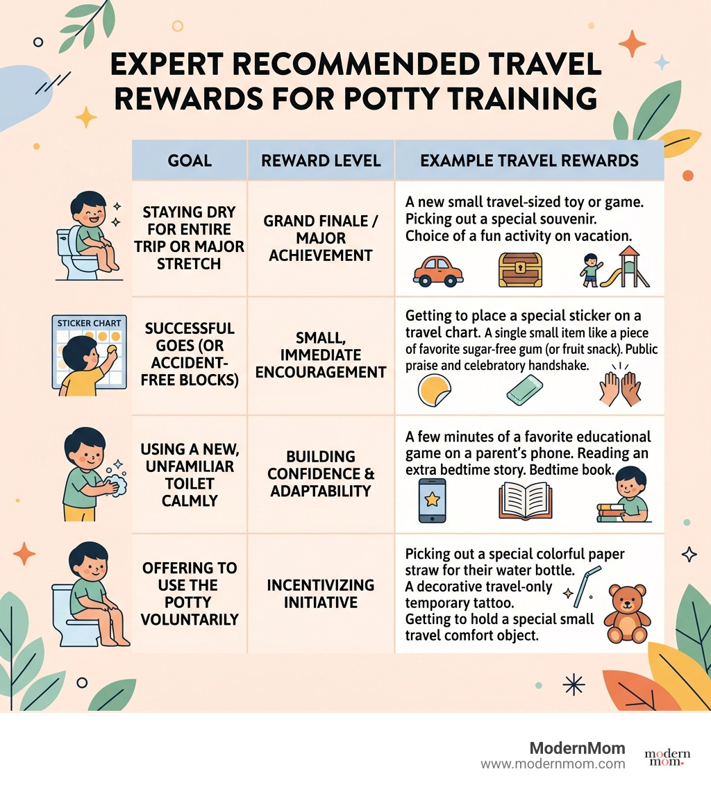 Table showing expert recommended travel rewards for potty training infographic