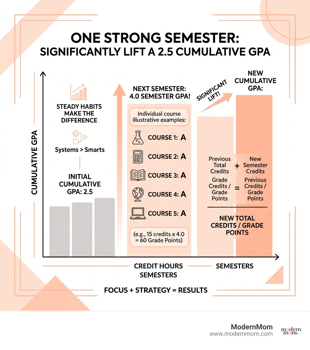 Graphic showing how one strong semester of 4.0 grades can significantly lift a 2.5 cumulative GPA infographic
