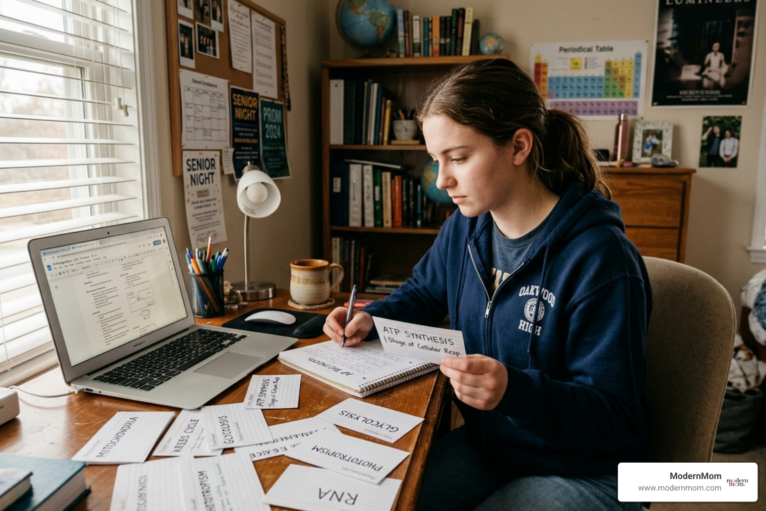 student using flashcards and a laptop to study actively
