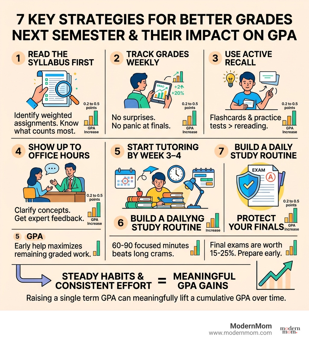 Infographic showing 7 key strategies for better grades next semester and their impact on GPA infographic