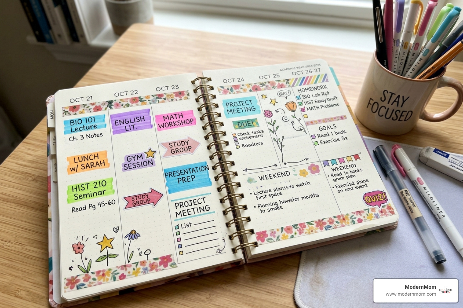 colorful academic planner with stickers and color-coded blocks