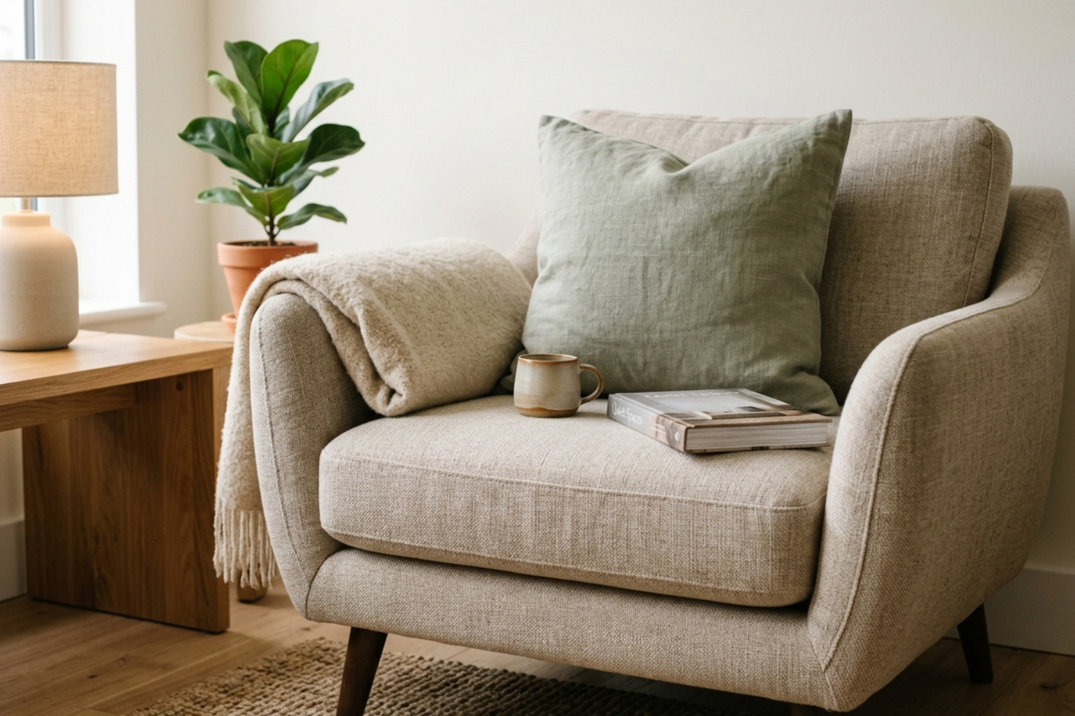 minimalist interior with a comfortable chair and soft textures