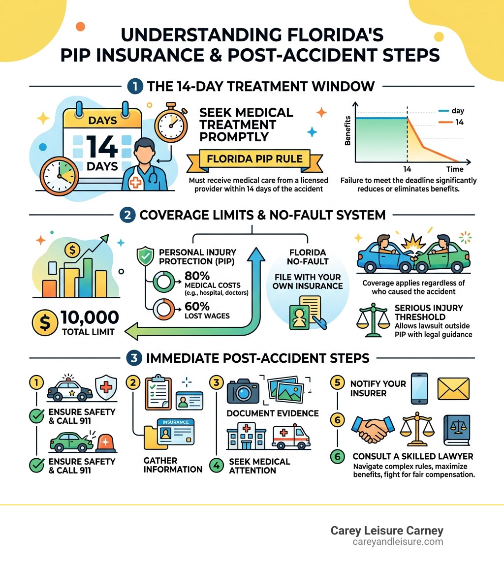 Infographic showing Florida 14-day PIP rule, coverage limits, and immediate post-accident steps infographic Infographic showing Florida 14-day PIP rule, coverage limits, and immediate post-accident steps infographic