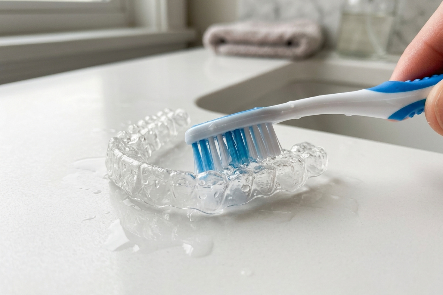 cleaning clear retainer with soft toothbrush and water