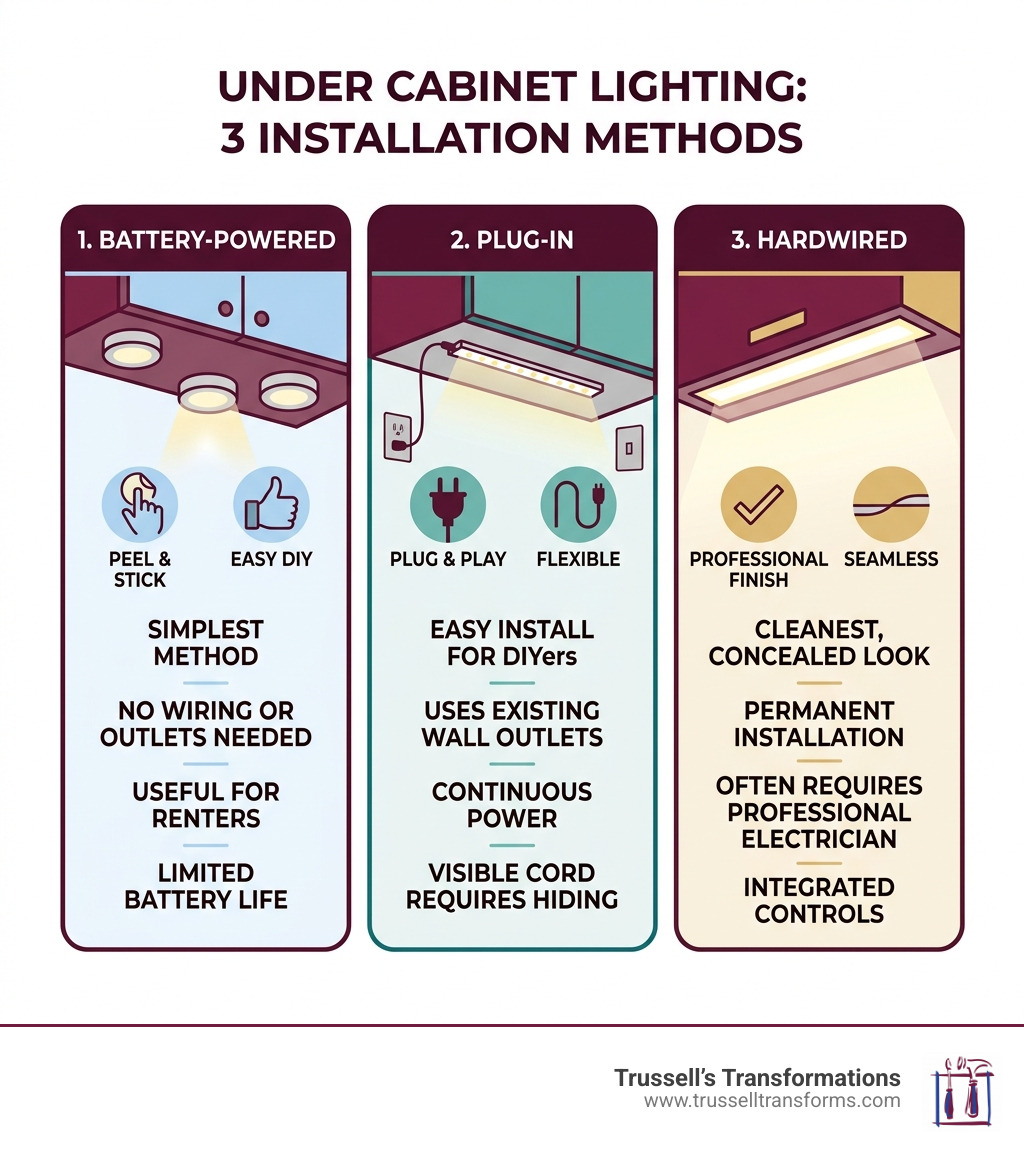Infographic Showing Three Installation Methods: Battery-Powered, Plug-In, And Hardwired Under Cabinet Lighting Infographic Infographic Showing Three Installation Methods: Battery-Powered, Plug-In, And Hardwired Under Cabinet Lighting Infographic