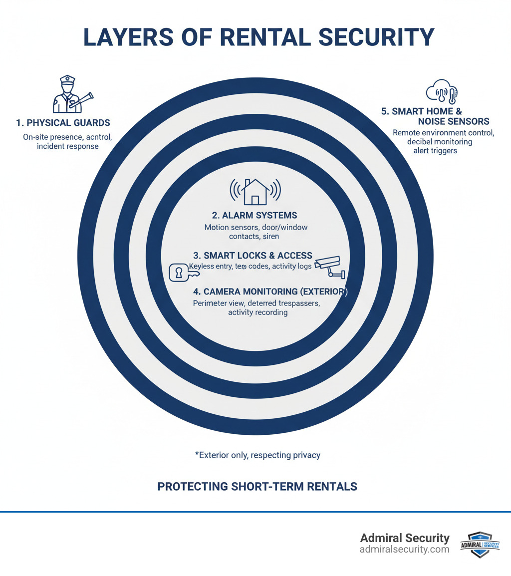 Layers of Airbnb rental security from physical guards to smart monitoring systems infographic