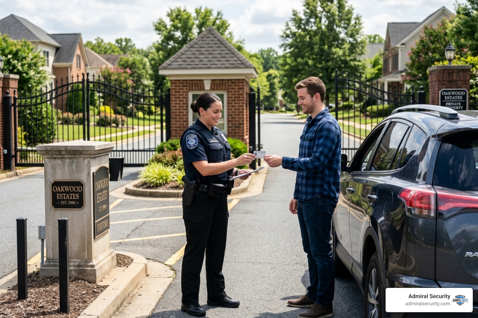 A professional security guard checking a guest ID at a gated entrance, badge slightly blurred