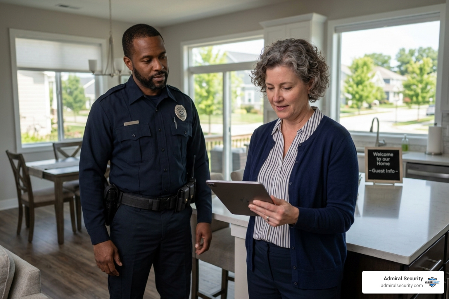 A host reviewing a security report on a tablet while a security officer stands nearby, badge slightly blurred