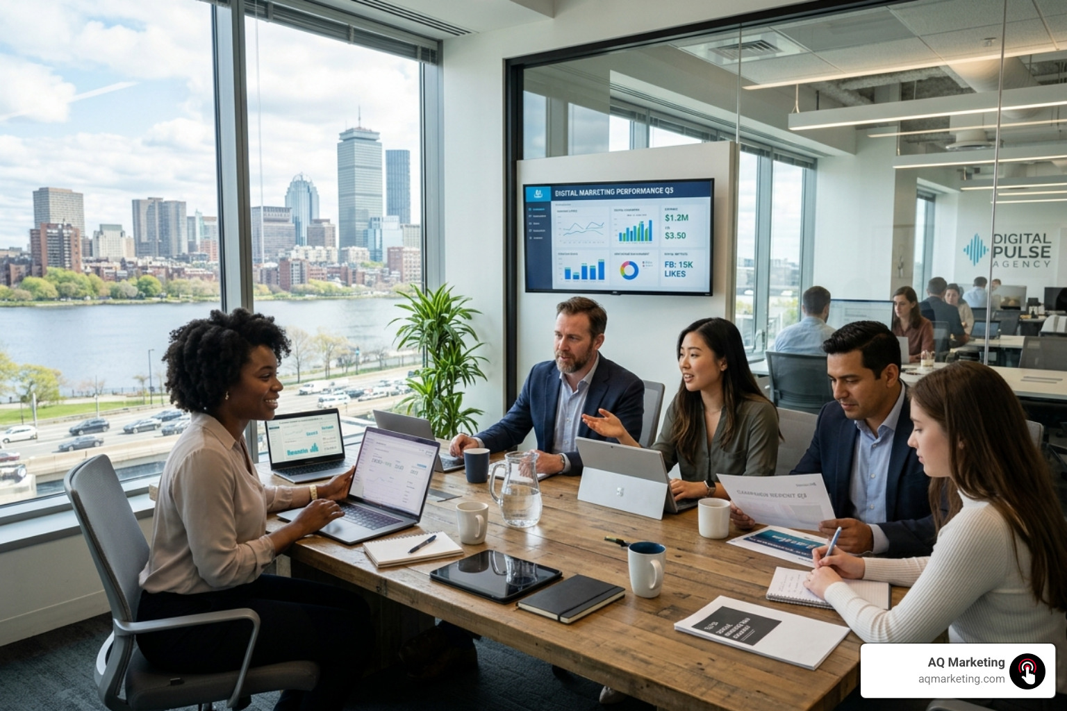 Digital marketing team collaborating in a modern office, screens showing data analytics, Boston city view in background Digital marketing team collaborating in a modern office, screens showing data analytics, Boston city view in background