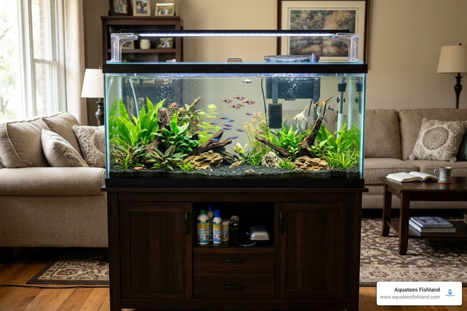 Large 55-gallon aquarium set up on a sturdy reinforced cabinet stand