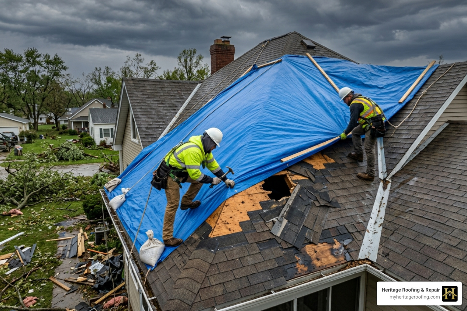 Emergency roof tarping being applied after storm damage
