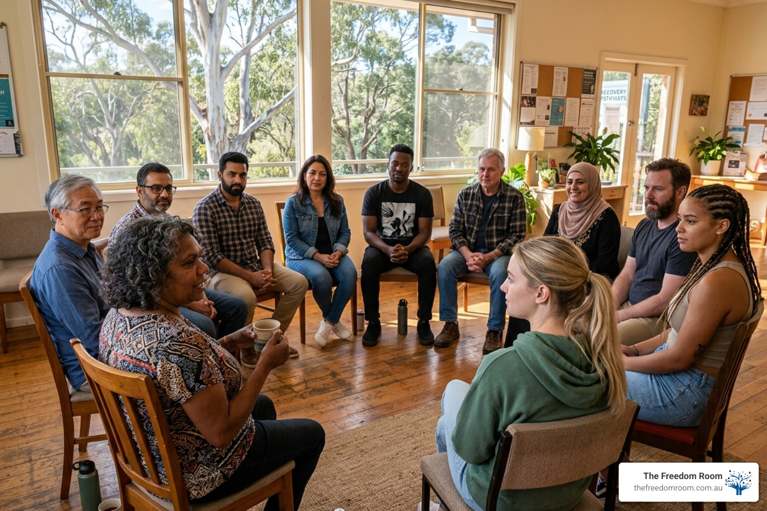 Community-based support group meeting in a bright, sunlit room, providing a safe space for individuals navigating the challenges of alcohol addiction withdrawal. Community-based support group meeting in a bright, sunlit room, providing a safe space for individuals navigating the challenges of alcohol addiction withdrawal.