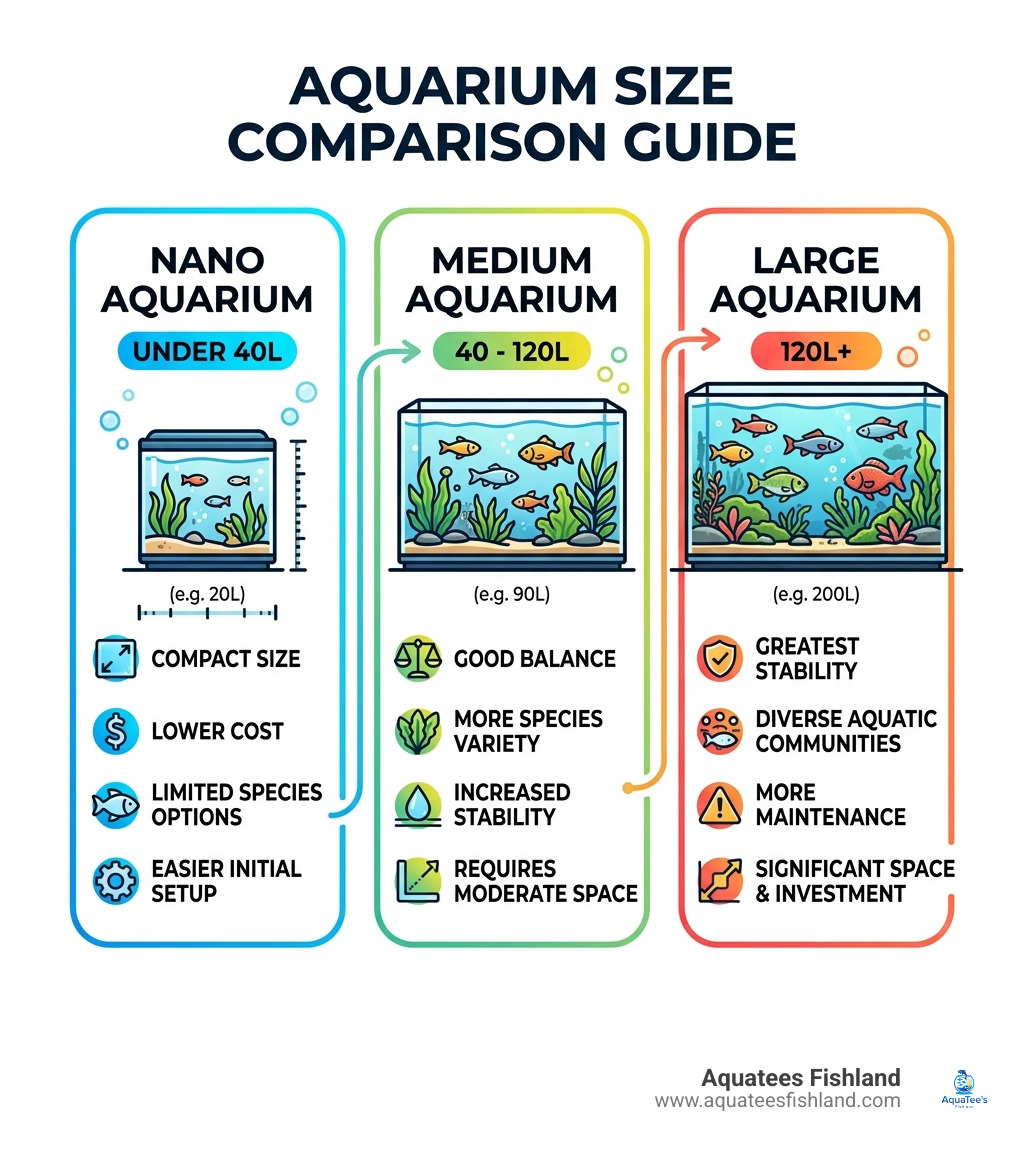 Infographic comparing nano under 40L, medium 40-120L, and large 120L+ aquarium volumes with key stats infographic