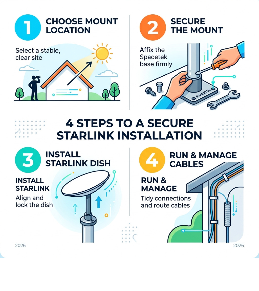 Infographic showing the 4 steps to a secure Starlink installation - Spacetek mounting kits infographic 