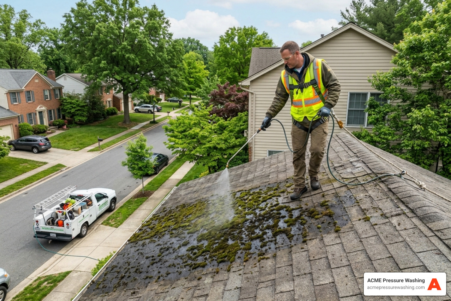 Application of moss treatment on a residential roof