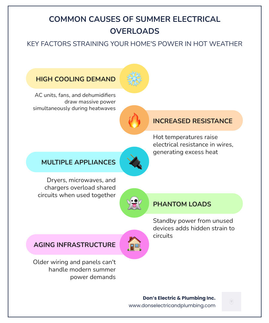 Common causes of summer electrical overloads and prevention tips infographic infographic