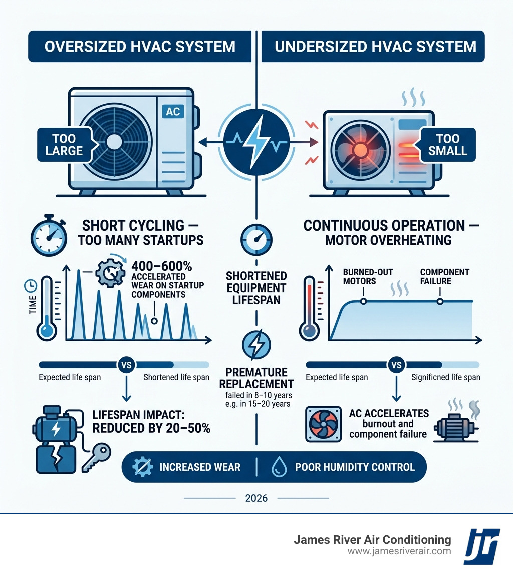 Infographic showing how oversized and undersized HVAC systems reduce equipment lifespan through short cycling and continuous Infographic showing how oversized and undersized HVAC systems reduce equipment lifespan through short cycling and continuous