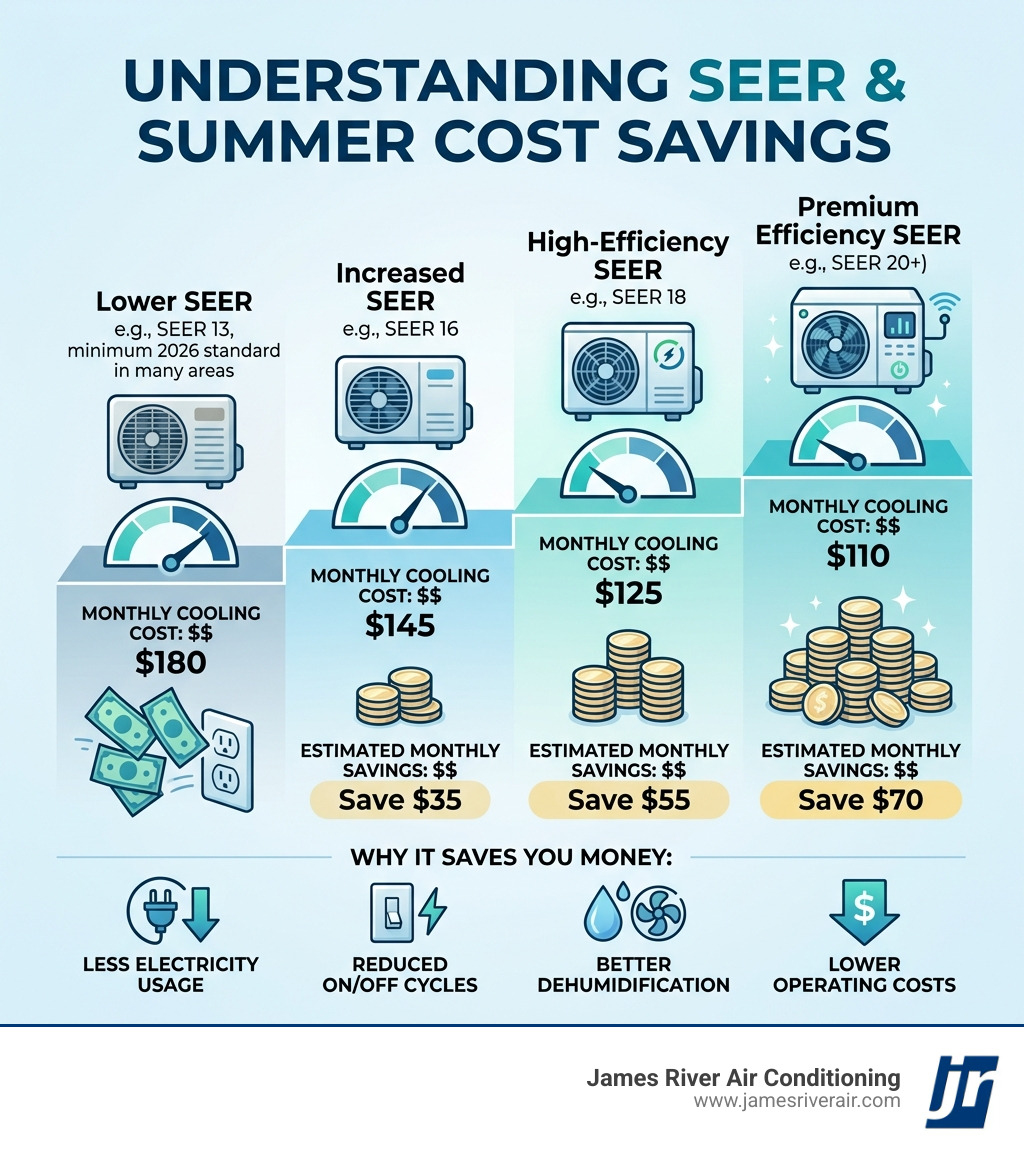 Infographic showing how SEER ratings translate to monthly dollar savings for homeowners infographic Infographic showing how SEER ratings translate to monthly dollar savings for homeowners infographic