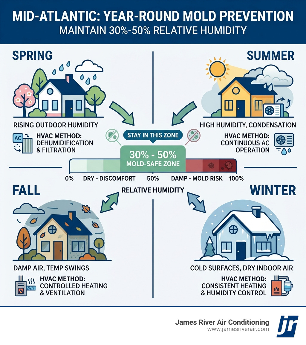 Infographic showing the 30-50% relative humidity mold-safe zone across all four Mid-Atlantic seasons with HVAC prevention Infographic showing the 30-50% relative humidity mold-safe zone across all four Mid-Atlantic seasons with HVAC prevention
