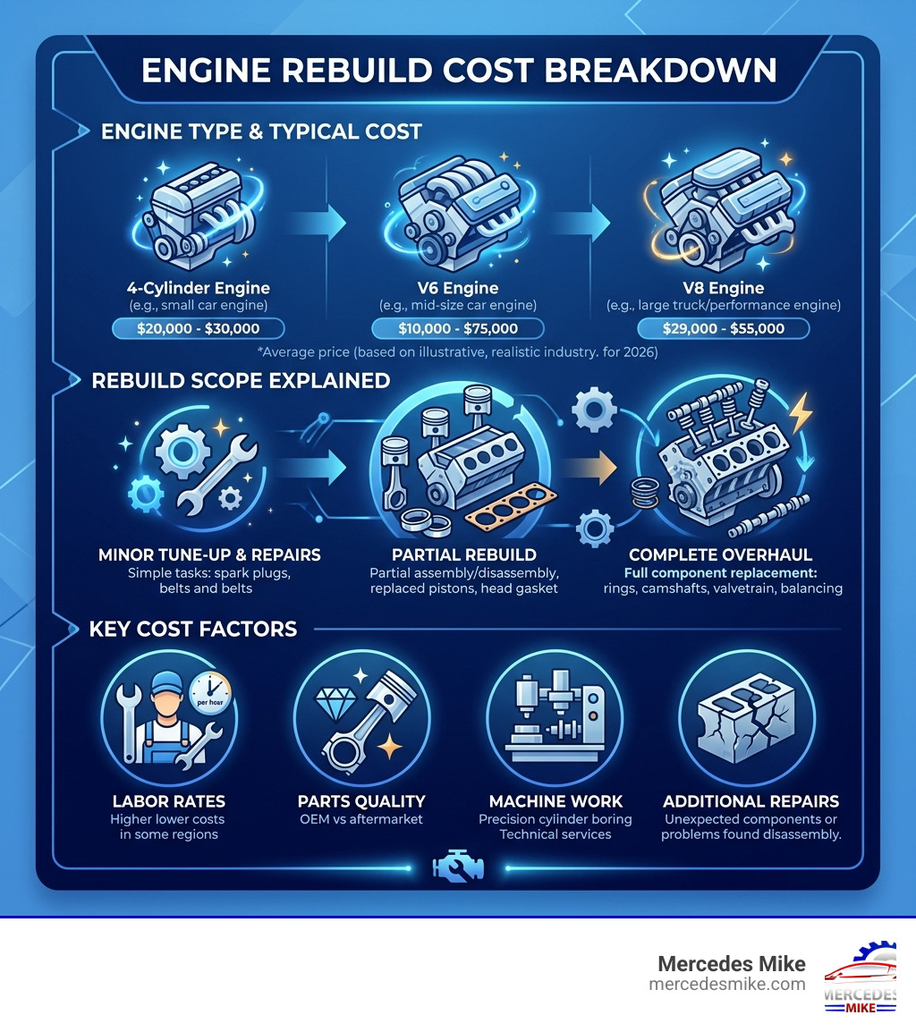 Engine rebuild cost breakdown infographic by engine type, rebuild scope, and key cost factors - cost to rebuild engine