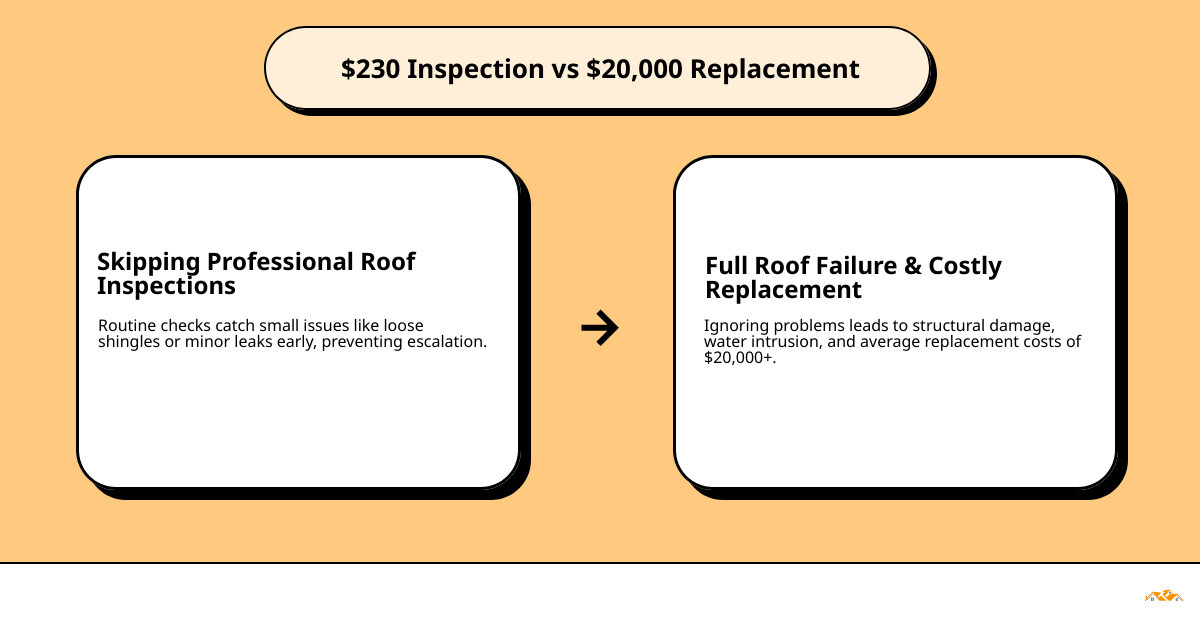 infographic showing the cost of a $230 inspection versus the $20,000 cost of a full roof replacement infographic