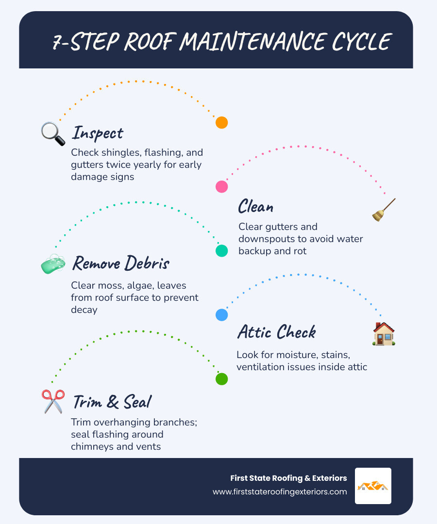7-step roof maintenance cycle infographic showing inspection, cleaning, debris removal, attic check, tree trimming