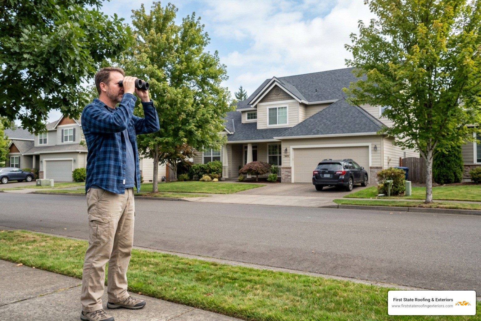 homeowner using binoculars to safely inspect their roof from the ground