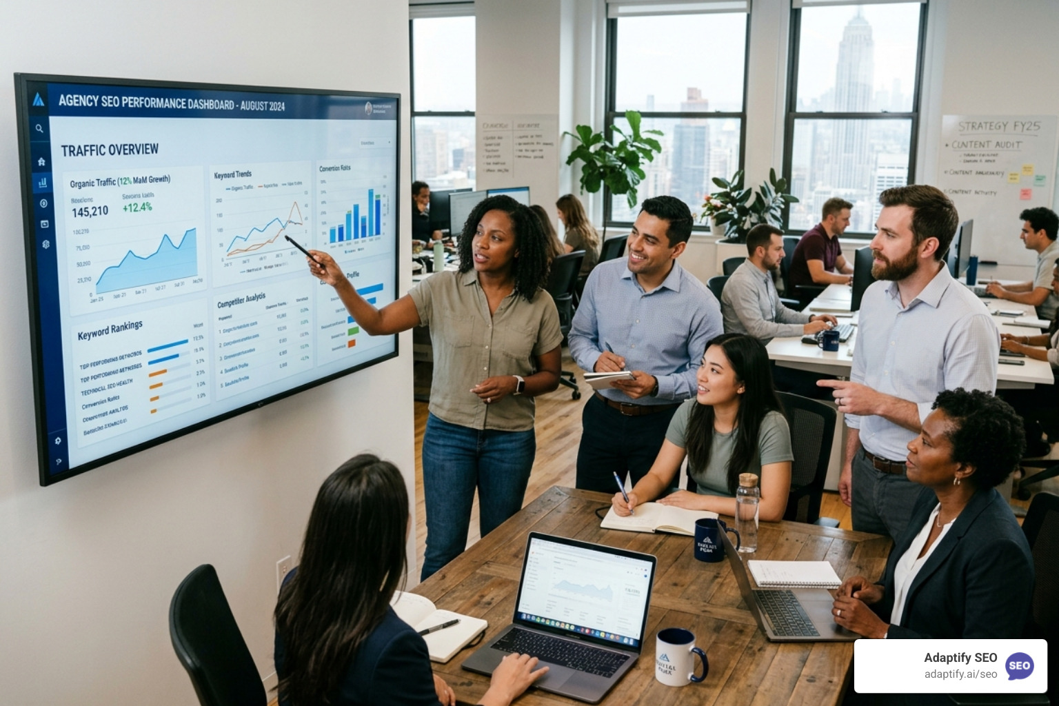 An agency team collaborating around an automated SEO dashboard, highlighting human oversight and strategic planning