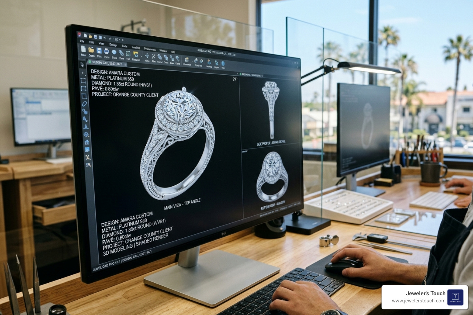 A digital rendering of a custom ring design on a computer screen, showcasing intricate details and different angles. A digital rendering of a custom ring design on a computer screen, showcasing intricate details and different angles.