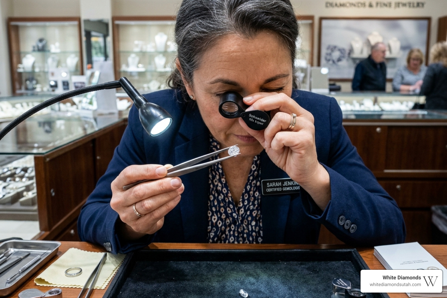 Jeweler examining a diamond under a professional loupe to check for microscopic inclusions