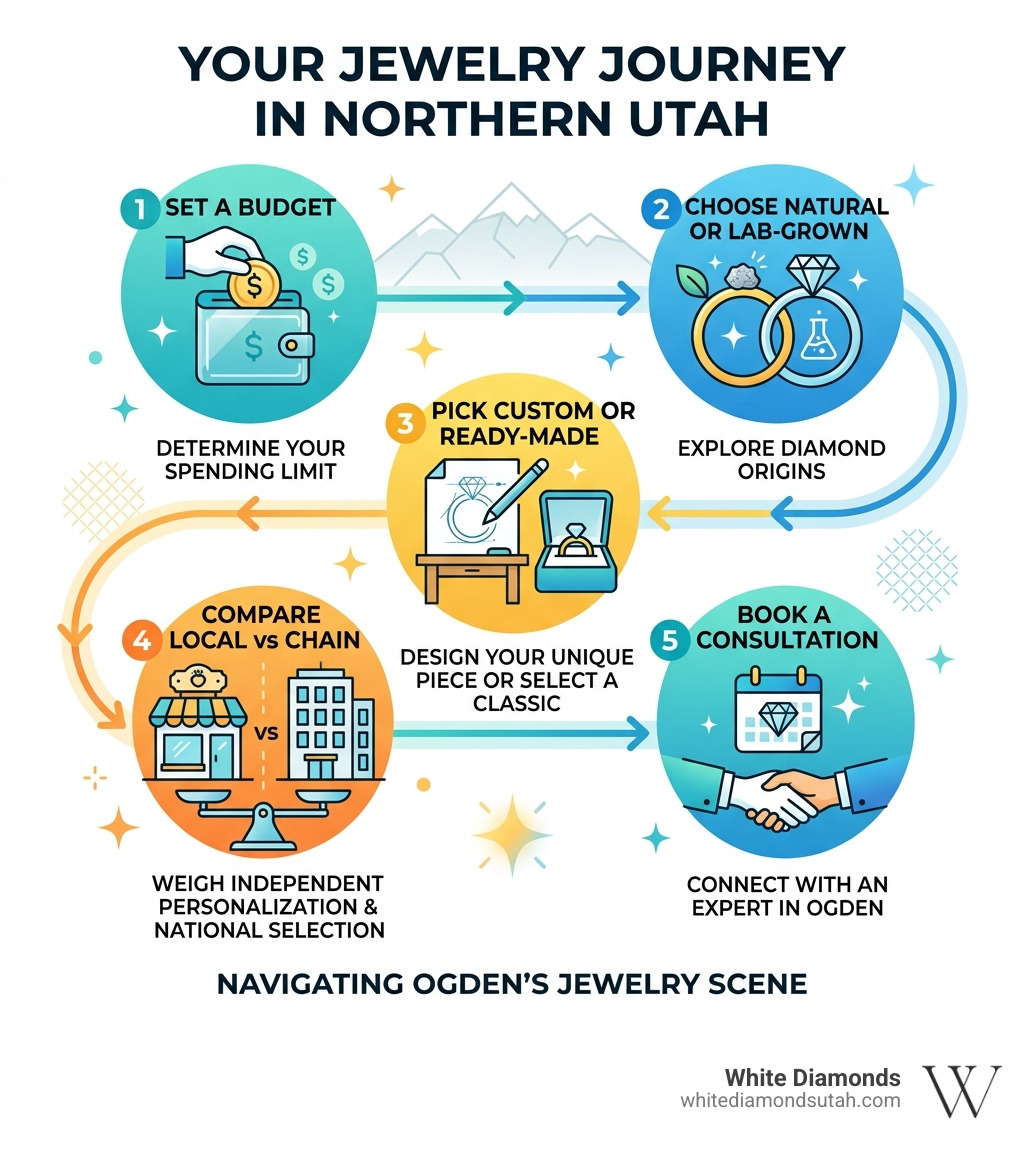 Infographic showing the jewelry buying journey in Northern Utah: Set a budget, choose natural or lab-grown, pick custom or