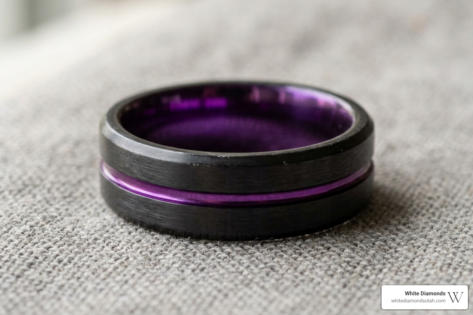 brushed black ring with a vibrant purple interior