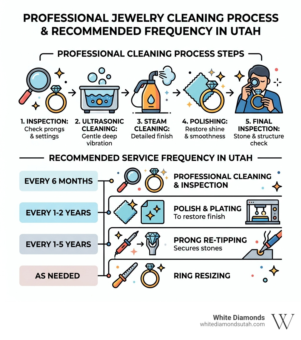 Infographic: Professional jewelry cleaning process steps and recommended service frequency in Utah infographic