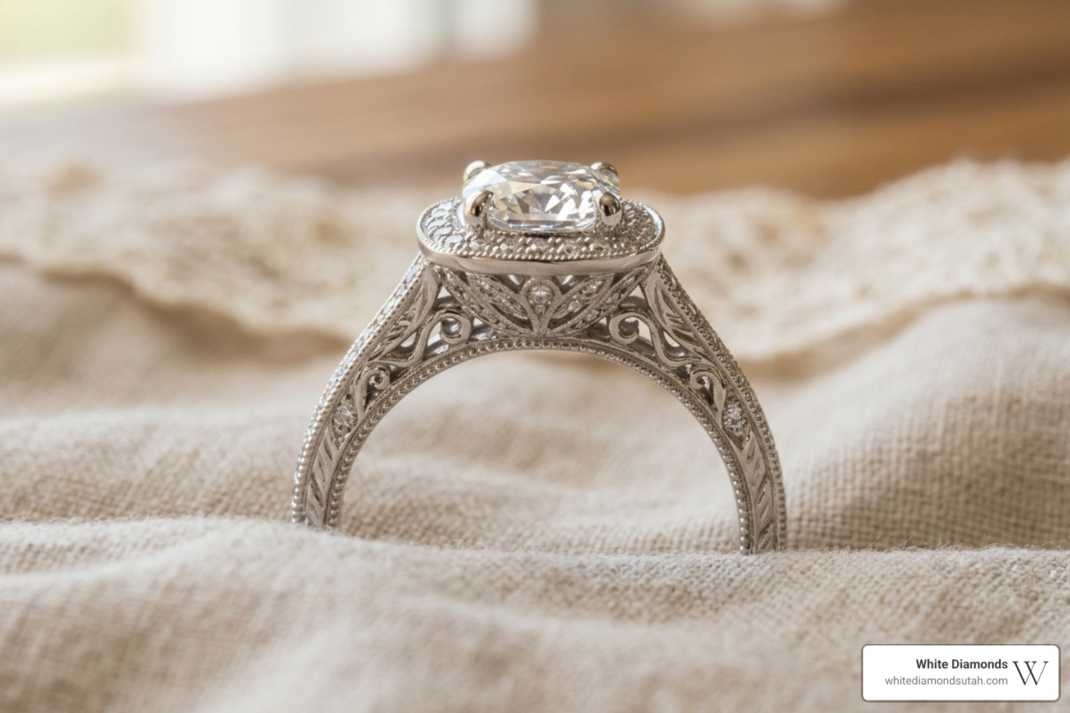 Vintage-inspired halo wedding ring with intricate detailing